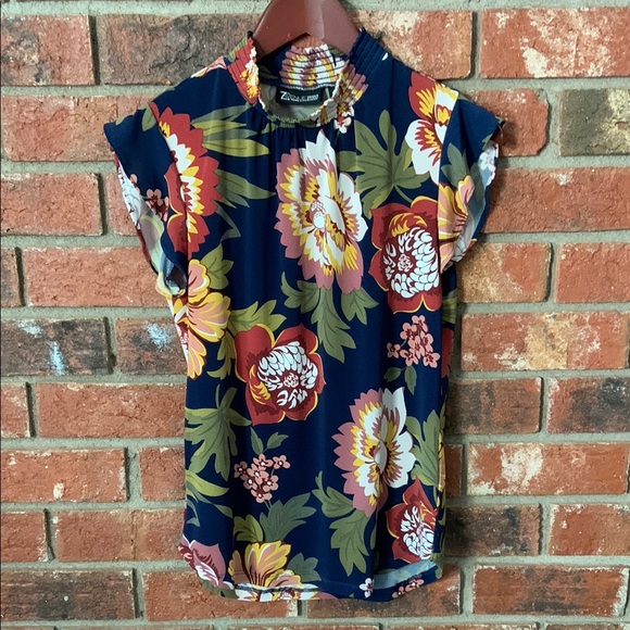 New York & Company Tops - 7th Ave NYC Navy Red Floral High Neck Flutter Sleeve Top
